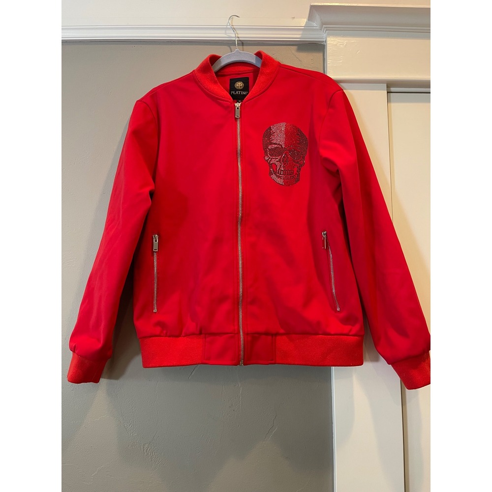 Platini Red Rhinestone Skull Bomber Jacket Womens Medium Full Zip Edgy Outerwear